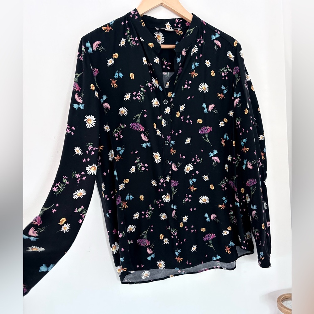 STELLA MCCARTNEY Multi Floral On Black 100% Silk Popover Blouse IT 46/US 10